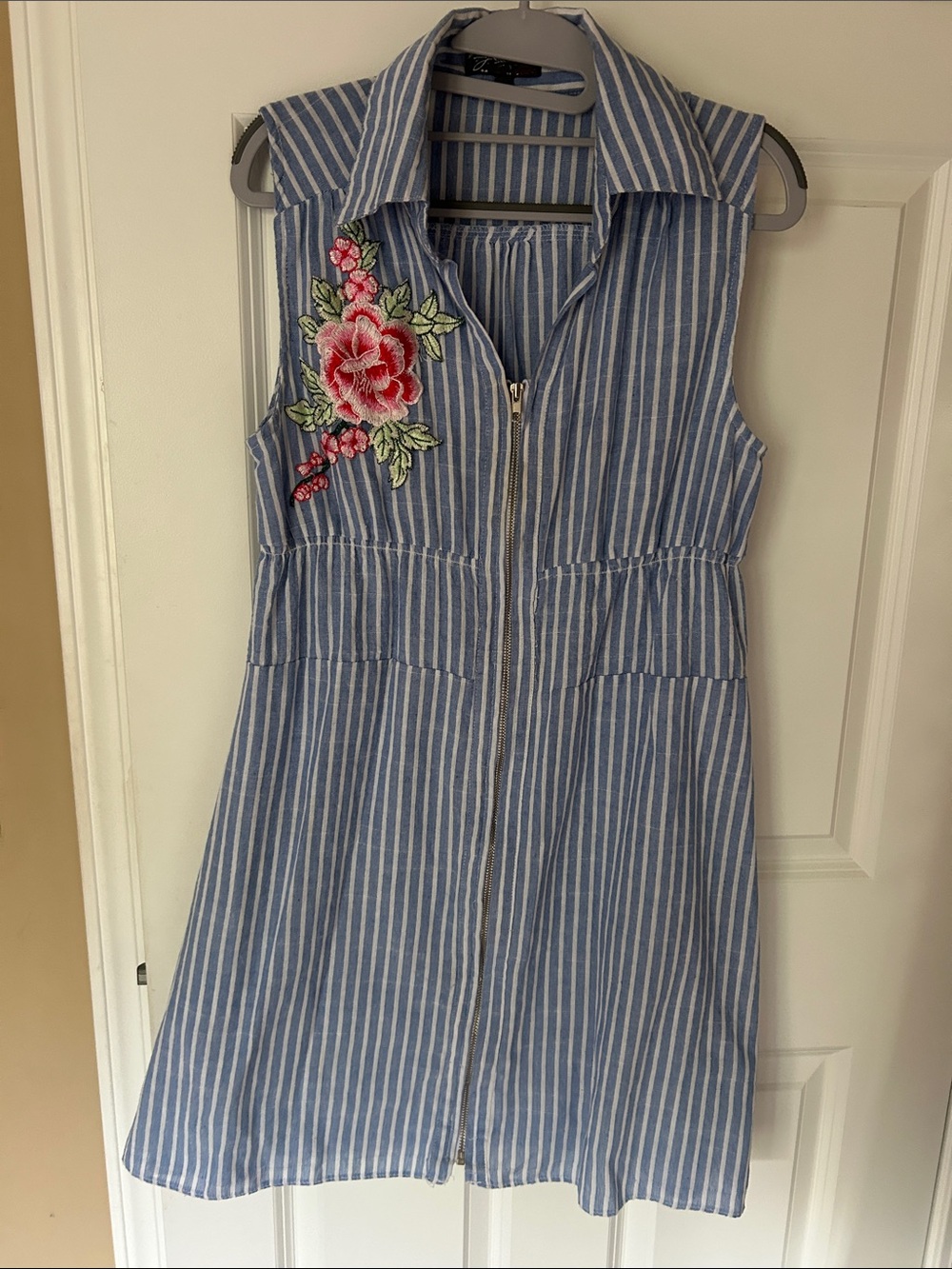 Blue & White Striped Sleeveless Mini Dress with Pink Floral Applique
